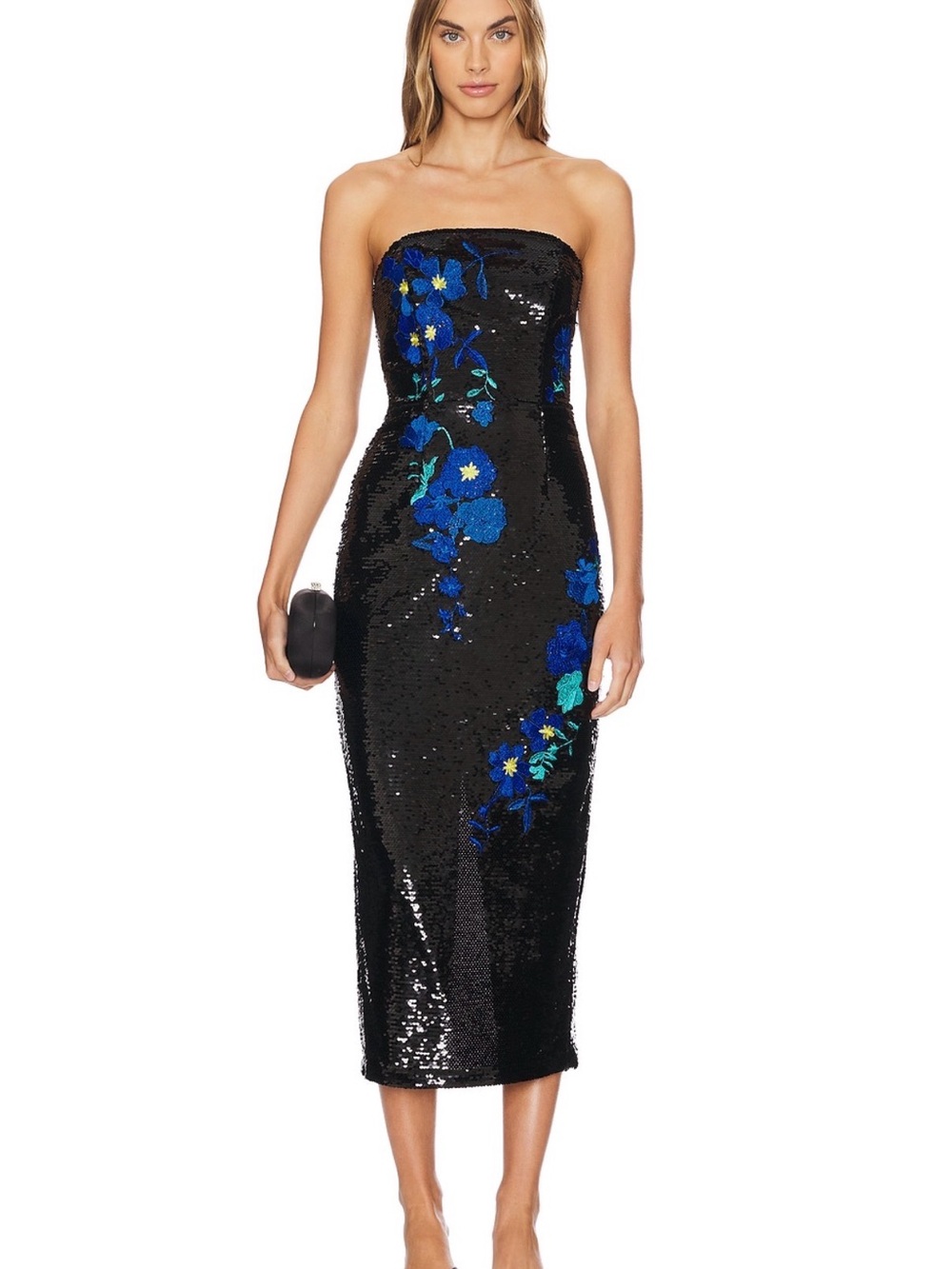 Milly Black Sequin Kait Strapless Midi Dress with Blue Floral Embroidery NWT$680
